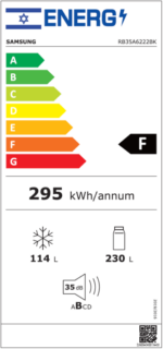 מקרר מקפיא תחתון 354 ליטר Samsung סמסונג BeSpoke RB35A6222BK זכוכית שחורה