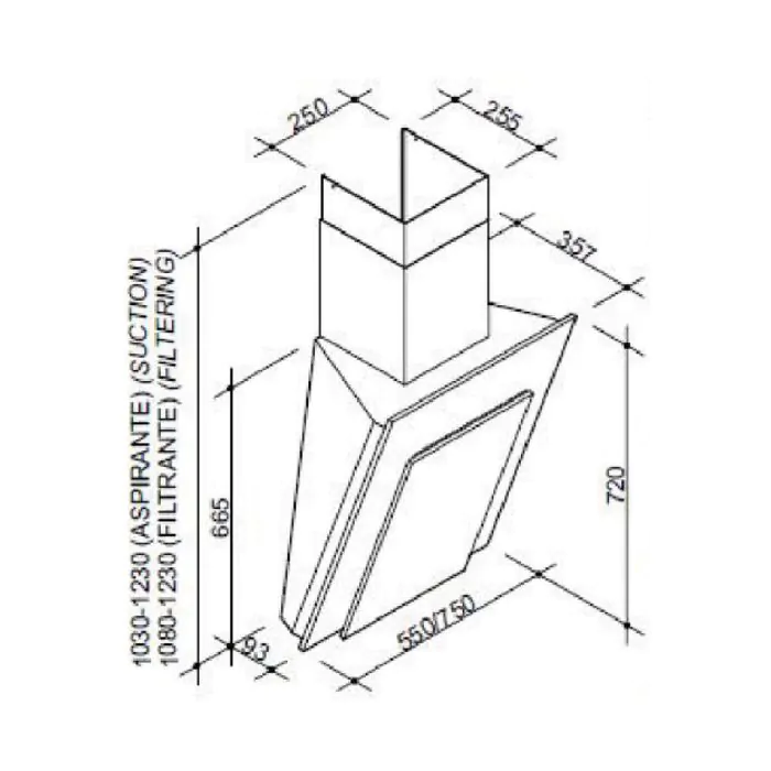 קולט אדים פרטלי FRATELLI צמוד קיר אלכסון 55 ס"מ | FRSF-WD80-55VB – תמונה 2